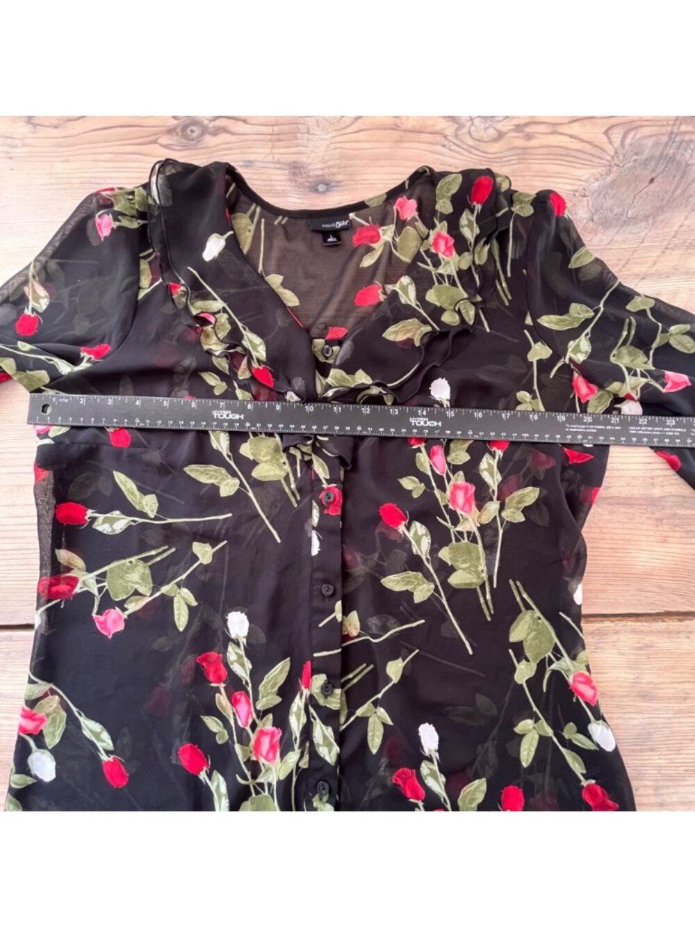 East 5th Black Rose Print Chiffon Blouse Womens L Ruffle Collar with Camisole - Picture 7 of 8